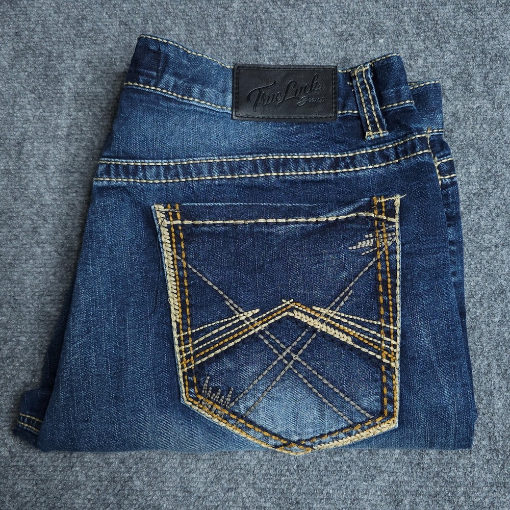 True Luck Men's Blue Jeans 36x32 Straight Leg Regular Fit Denim Dark Wash